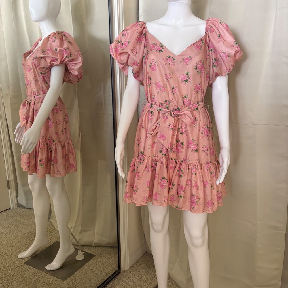 LoveShackFancy Target Pink Floral Puff Sleeve Mini Dress Sz 8 Cottagecore Ruffle